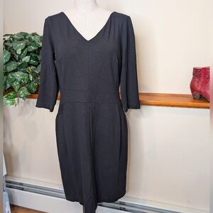 Ann Taylor Black Ponte Knit V-Neck Midi Dress Size 12 Classic Work Career